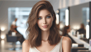 אישה עם תספורת קארה ושיער מתולתל במראה אופנתי