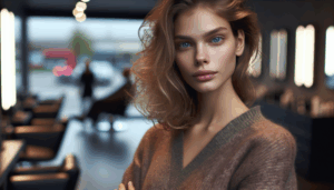 תספורת קארה על בובה במספרה מקצועית עם תאורה רכה המדגישה את הקווים הנקיים.