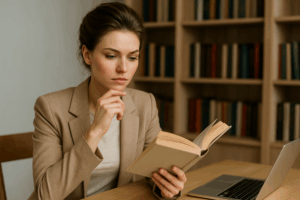 אדם גולש באינטרנט כדי להירשם לאינדקס ספרים, עם מדפי ספרים ברקע